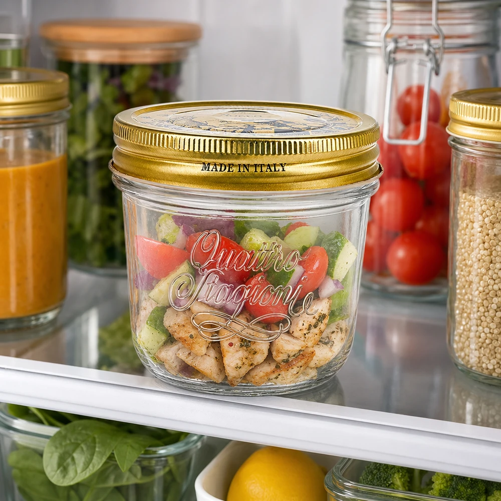 Verre renversé de 200 ml « Quattro Stagioni » avec couvercle 200ml Quattro Stagioni Verre renversé avec couvercle doré rempli de salade colorée dans le réfrigérateur à côté d'autres bocaux à provisions