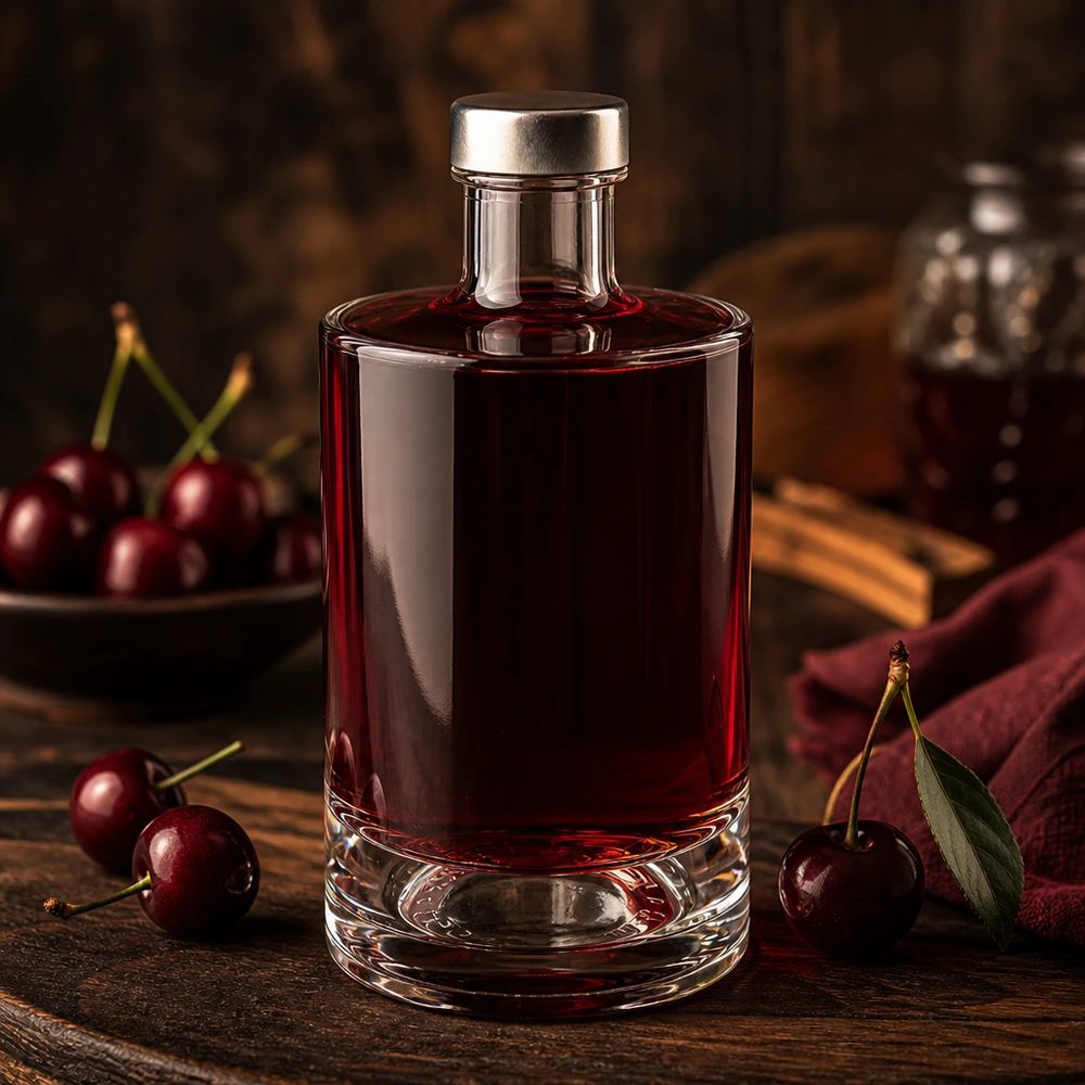 Bouteille en verre Sam de 375 ml avec remplissage rouge cerise et bouchon argenté entre des cerises fraîches sur une table en bois