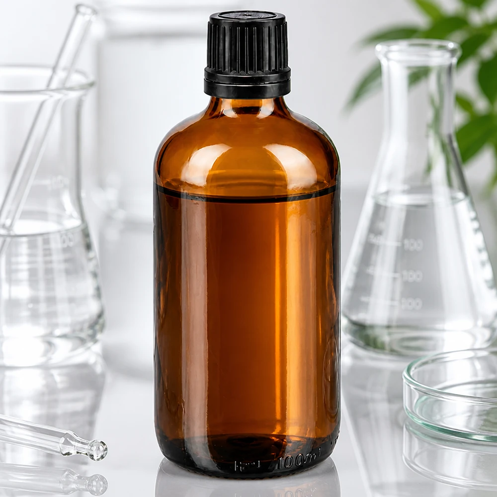 Flacon en verre brun de 100 ml avec bouchon OV noir, entouré de fioles Erlenmeyer et de verrerie de laboratoire