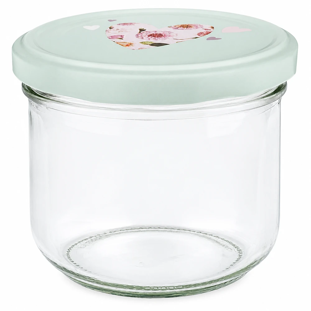 Pot de 260ml avec couvercle BasicSeal vert menthe et motif coeur, pot vide pour confiture et conserves