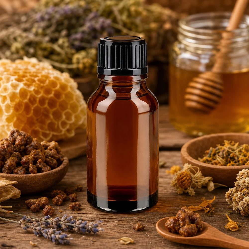 Flacon en verre brun 15ml avec bouchon à vis noir Petite bouteille en verre brun de 15 ml avec un bouchon noir, entourée de cire de propolis et de fleurs séchées