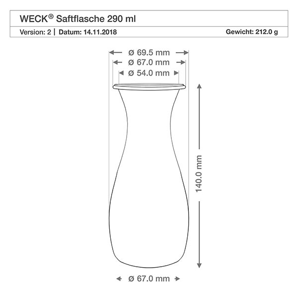 Lot de 12 pots Weck 290ml bouteille de jus avec 12 couvercles en verre Dessin technique WECK Bouteille de jus 290ml RR60 avec dimensions et poids 212g, spécification détaillée du produit