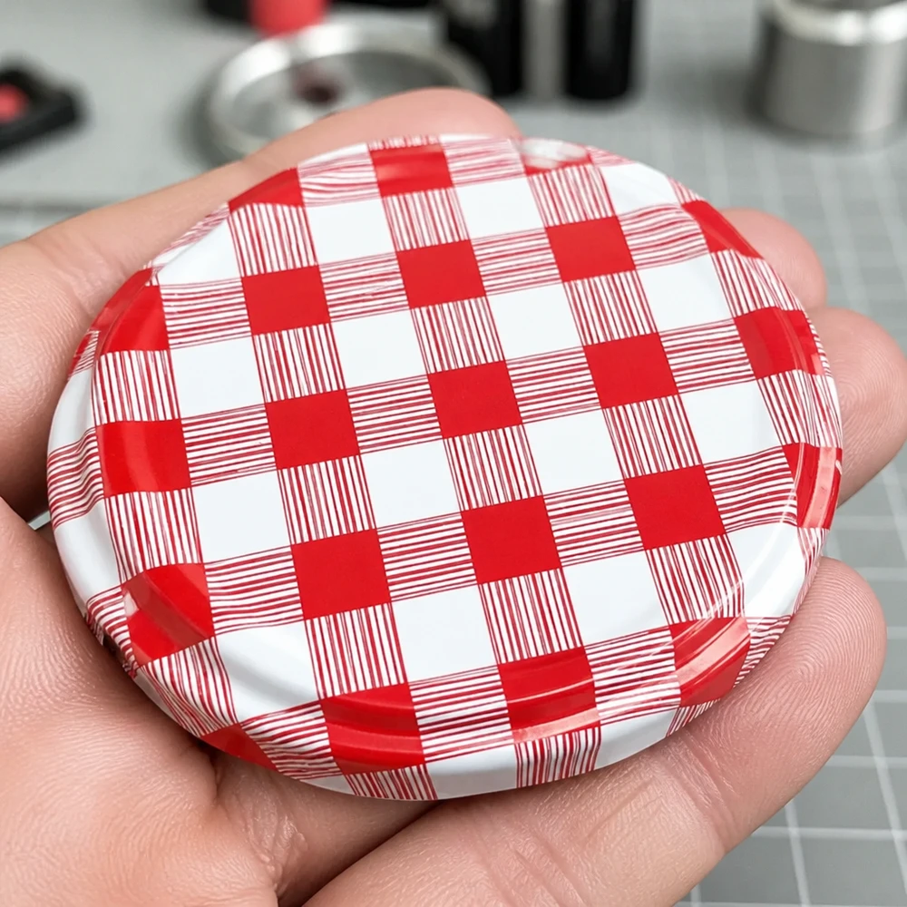 Couvercle BasicSeal 82 mm, motif carreaux rouge/blanc (TO82) UNiTWIST Gros plan sur un couvercle TO82 de 82 mm avec un motif à carreaux « cottage » rouge et blanc, posé sur la paume de la main