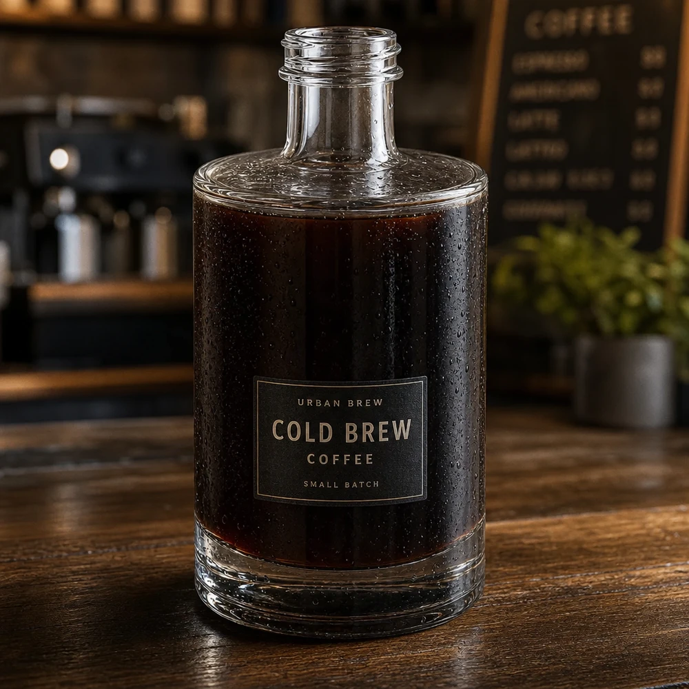 Bouteille en verre 375 ml « Sam » sans bouchon à vis UNiTWIST® Bouteille en verre de 375 ml Sam remplie de café Cold Brew présenté dans une atmosphère de bar à café stylée