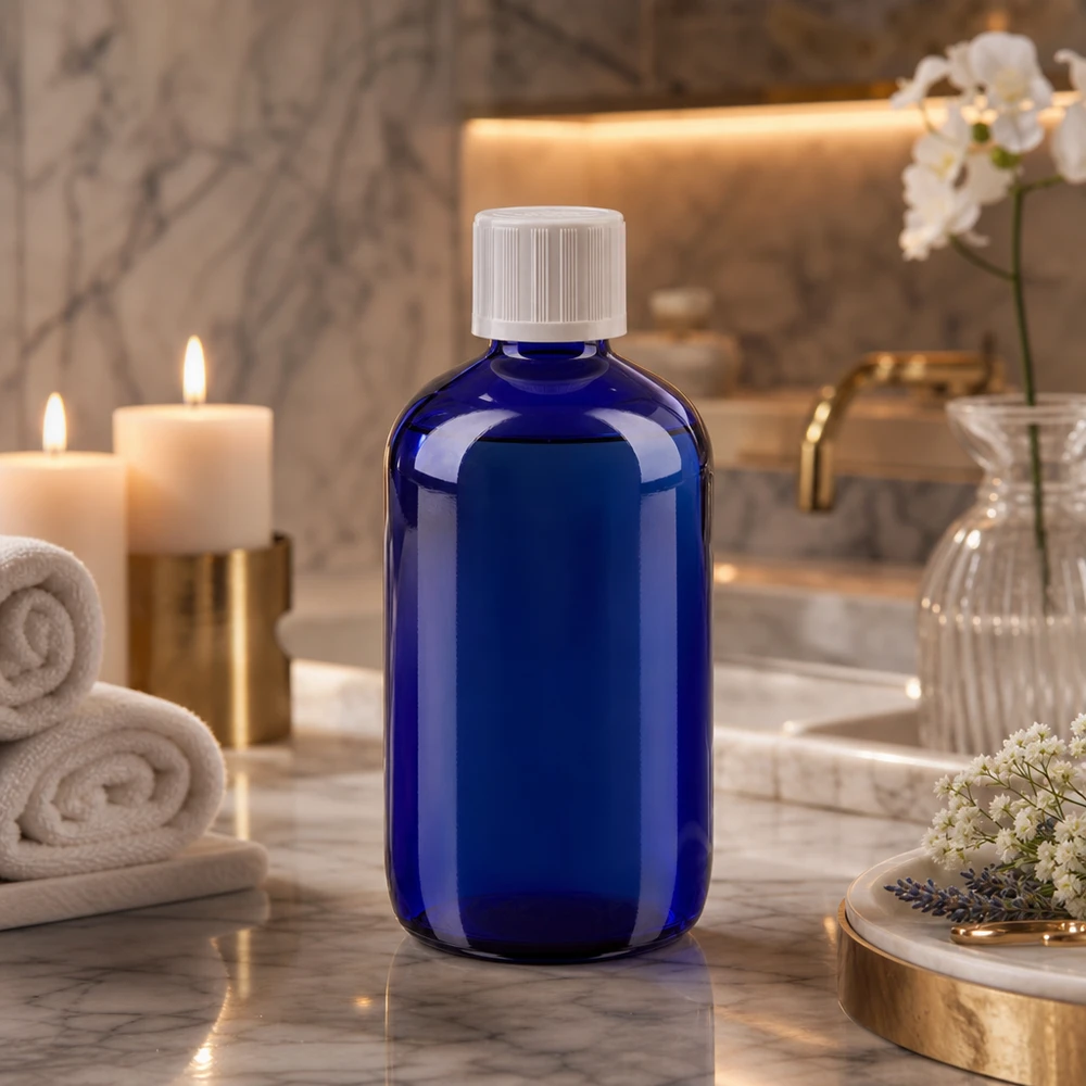 Flacon de pharmacie bleu 100ml bouchon compte-gouttes blanc sécurité enfant std Flacon en verre bleu cobalt de 100 ml muni d'un bouchon KiSi blanc, posé sur du marbre à côté de fleurs et de serviettes