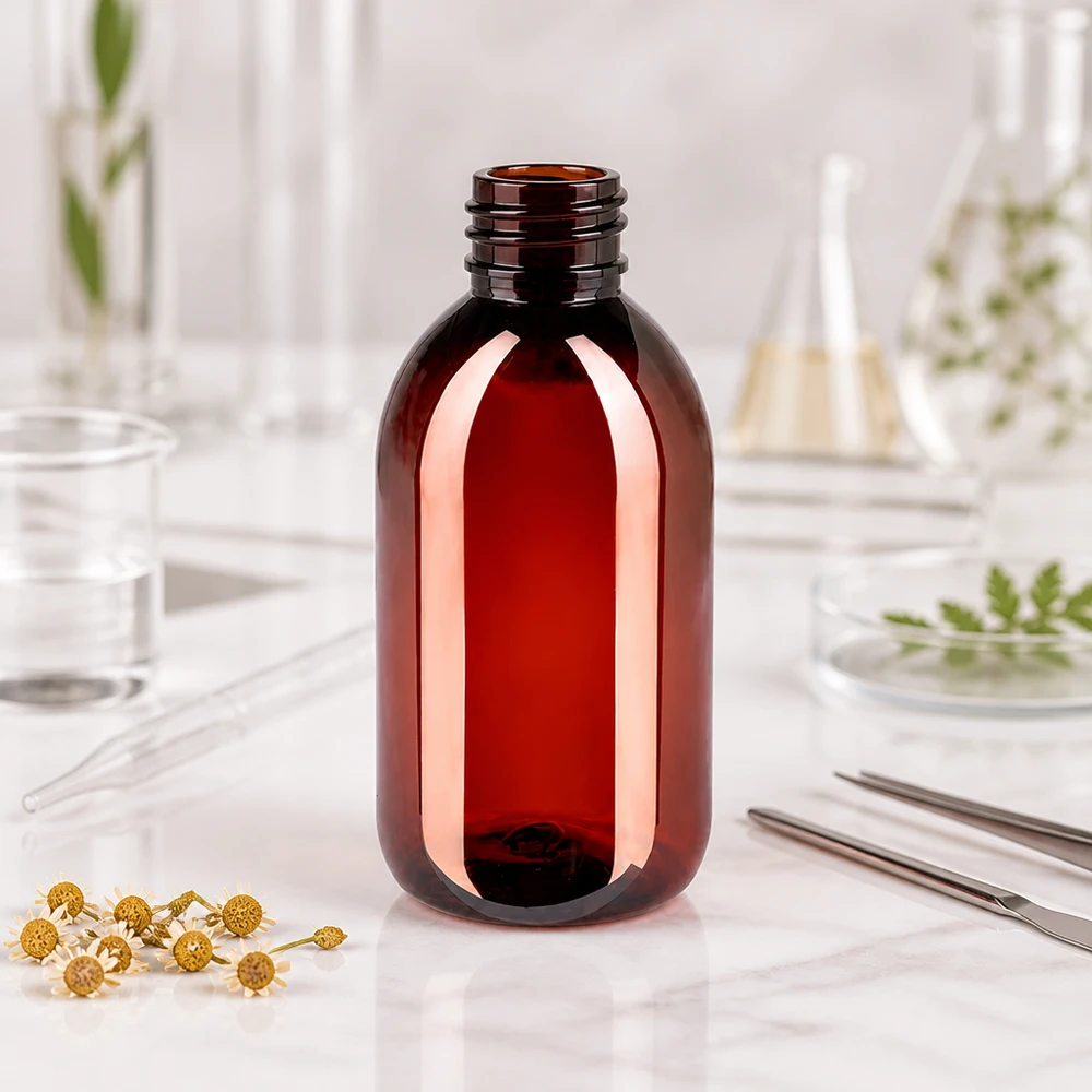 Bouteille PET 250ml avec bouchon marron,bouchon d'inviolabilité Braune PET Apothekerflasche 250ml mit OV-Verschluss für Naturkosmetik und Pharmazeutika