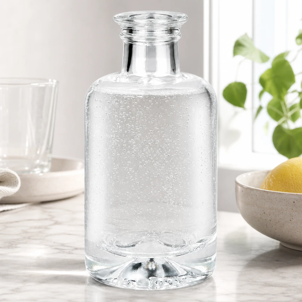 Bouteille en verre Sofia de 100 ml remplie d'eau gazeuse sur un plan de travail de cuisine blanc à côté de citrons et d'une plante