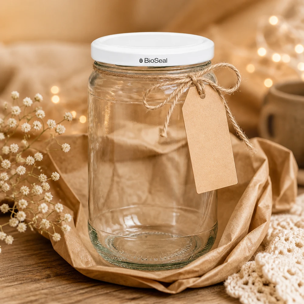 305ml Verre rond avec couvercle BioSeal blanc UNiTWIST UNiTWIST Runda305 Pot en verre avec couvercle TO63 BioSeal à l'ambiance chaleureuse avec étiquette cadeau et décoration florale