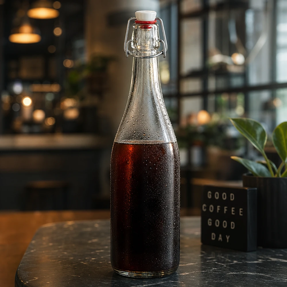 Bouteille en verre de 750 ml + bouchon mécanique en PVC UNiTWIST 750ml Bouteille en verre avec bouchon à étrier remplie de coca Café ambiance cold brew coffee ambient éclairage stylé