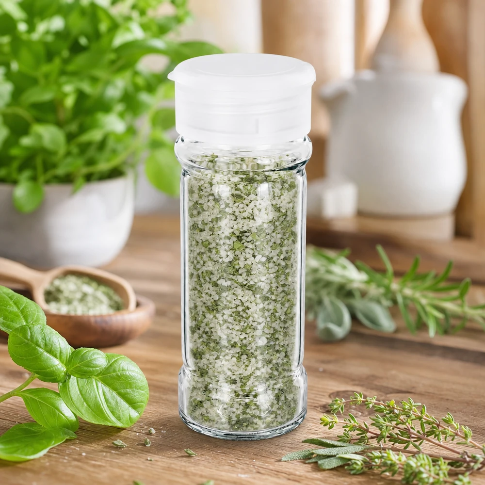 Pot à sel/épices 100 ml avec saupoudreuse, blanc Petit bocal à épices de 100 ml avec couvercle saupoudreur blanc, rempli de sel aux herbes, posé sur une table en bois