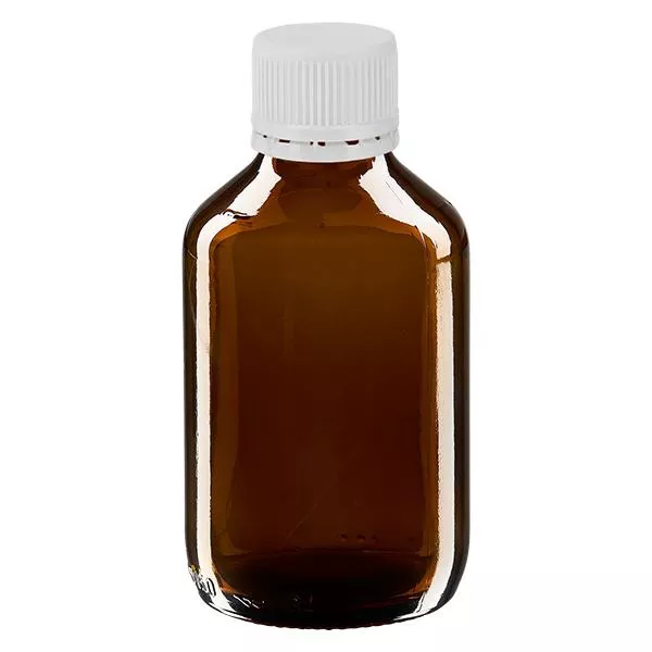 Bouteille à usage médical de 150 ml, marron, avec bouchon blanc d'origine Bouteille à usage médical de 150 ml, marron, avec bouchon blanc d'origine