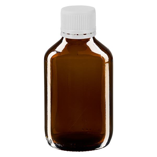 Bouteille à usage médical de 150 ml, marron, avec bouchon blanc d'origine Bouteille à usage médical de 150 ml, marron, avec bouchon blanc d'origine