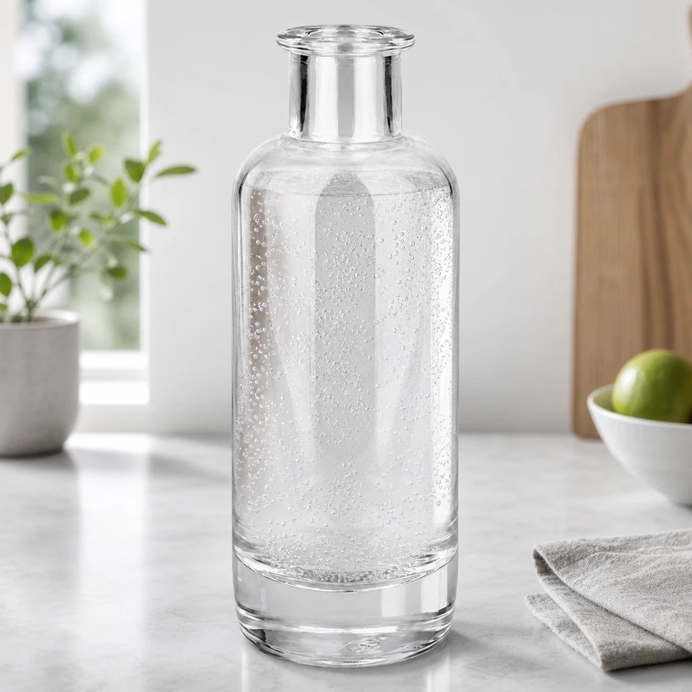 Bouteille en verre Ella de 200ml remplie d'eau minérale pétillante dans la cuisine moderne montre l'utilisation pour les boissons