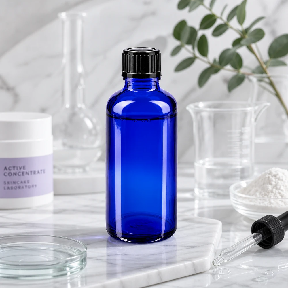 Flacon à pharmacie bleu 50ml bouchon compte-gouttes 1mm noir std Flacon compte-gouttes STD bleu de 50 ml à côté d'une pipette en verre et d'un pot blanc contenant un concentré actif