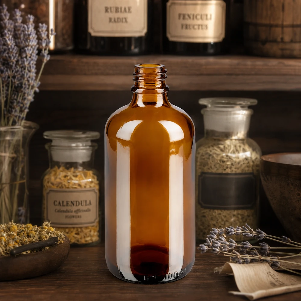 Flacon à pharmacie marron 100ml ApoGlas Bouteille de pharmacie ApoGlas brune de 100 ml aux herbes de calendula et à la lavande dans une atmosphère de pharmacie rustique