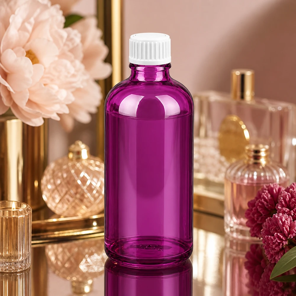 Flacon 100ml (globules) 3mm bague de coulée blanche standard PurpleLine. UT18/100 Bouteille en verre Purple 100ml avec bouchon standard pour les pharmacies et parapharmacies professionnelles