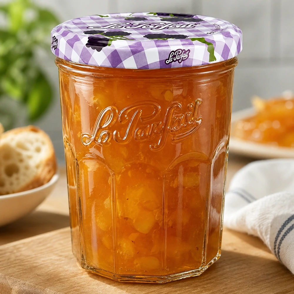 Le Parfait® Jam 385 ml Ø82 mm pot confiture Le Parfait Verre renversé 385ml rempli de marmelade d'orange sur une table en bois à côté du pain et des couverts du petit-déjeuner
