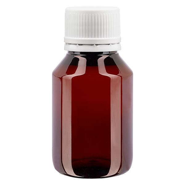 Bouteille PET 50ml avec OV blanc finement strié Bouteille PET 50ml avec OV blanc finement strié