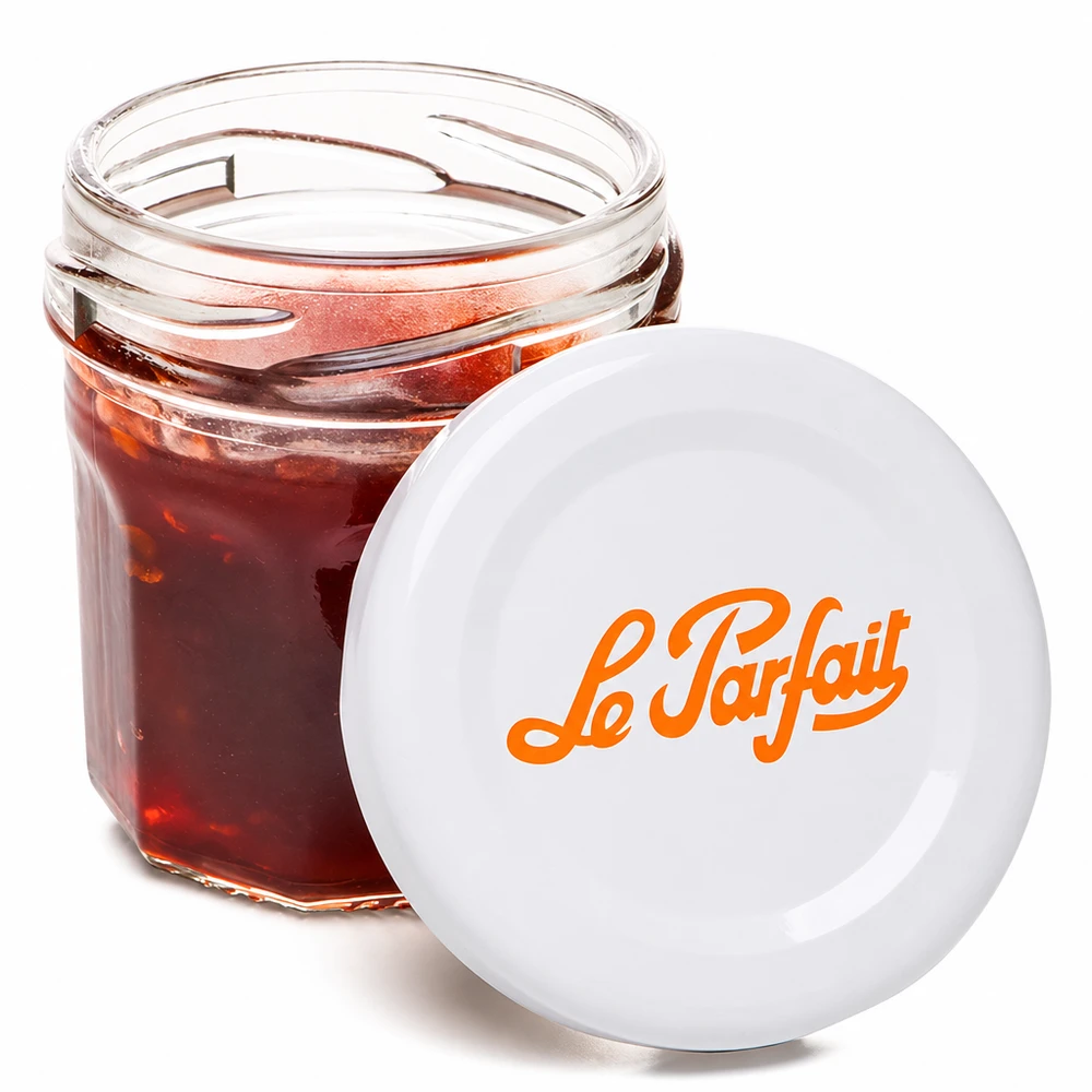 Mini pot Le Parfait 44ml ouvert rempli de confiture rouge avec logo orange sur couvercle blanc