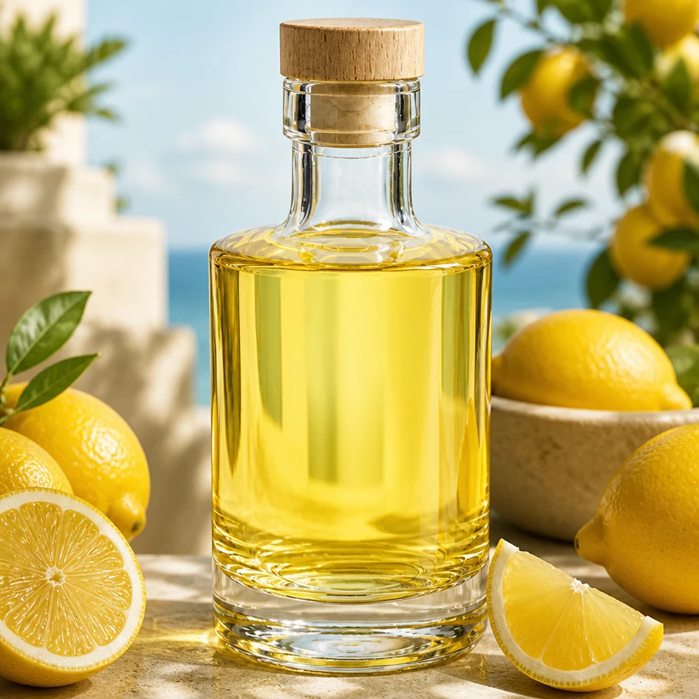 Bouteille en verre Marie de 200ml remplie d'huile jaune, bouchon en liège, décorée avec des citrons sur une table en bois