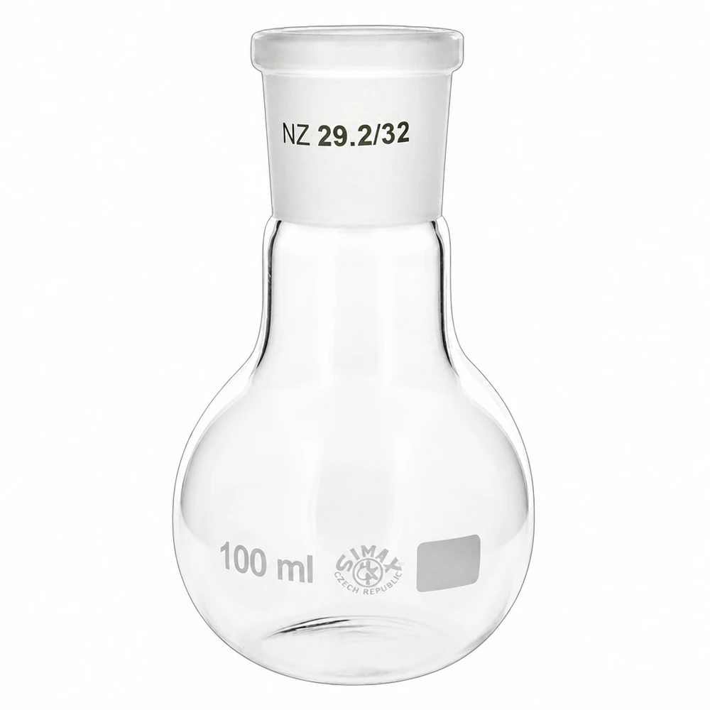 Ballon à fond plat 100 ml à col large, en verre borosilicate avec rodage normalisé 29/32 Fioles de laboratoire en borosilicate 100ml avec rodage NS 29/32 - résistantes à la chaleur et aux produits chimiques