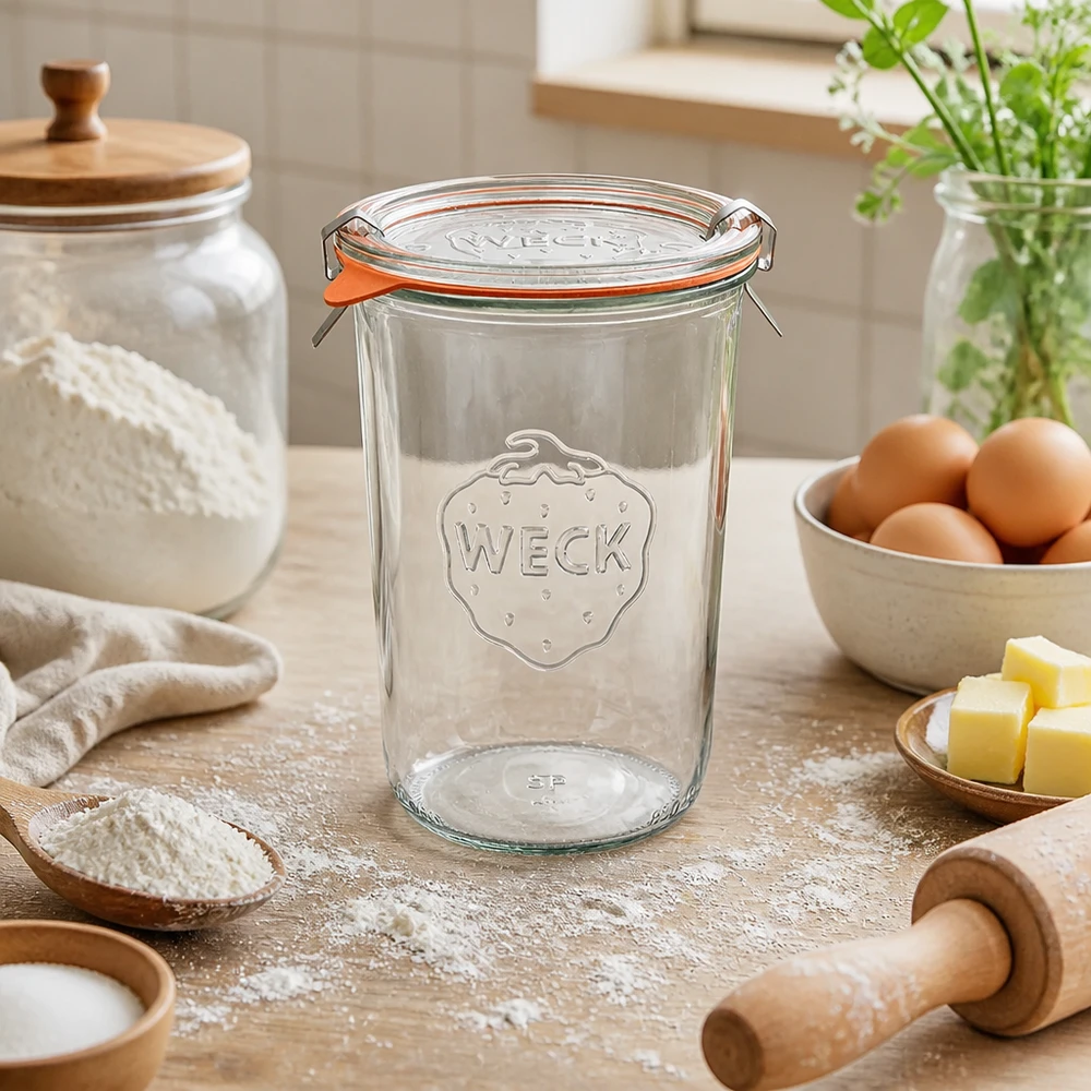 850ml bocal conique complet WECK RR100 WECK Pot renversé 850ml RR100 dans un environnement de cuisine naturel avec des ingrédients de boulangerie œufs beurre et farine à faire cuire