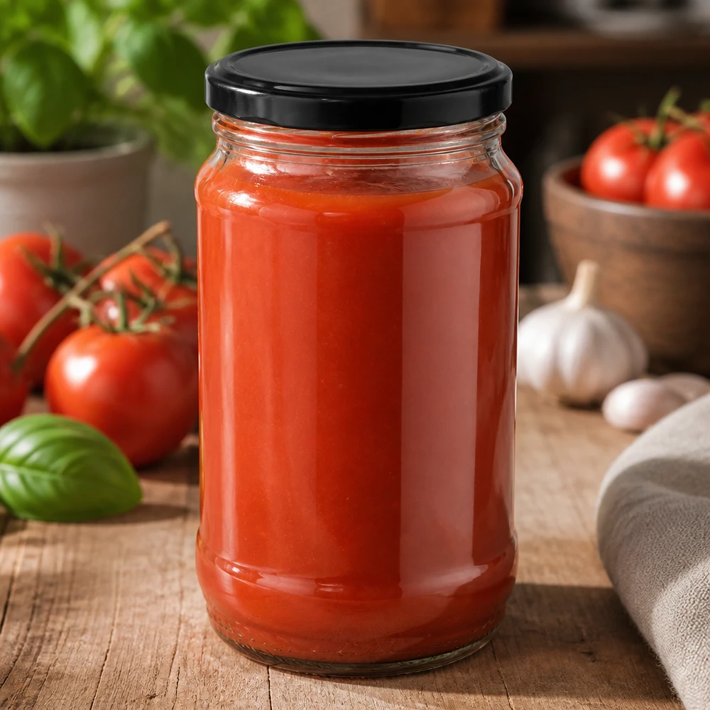 Bocal rond en verre de 370 ml + BasicSeal noir UNiTWIST Bocal en verre de 370 ml UNiTWIST BasicSeal noir contenant de la passata de tomates maison et du basilic