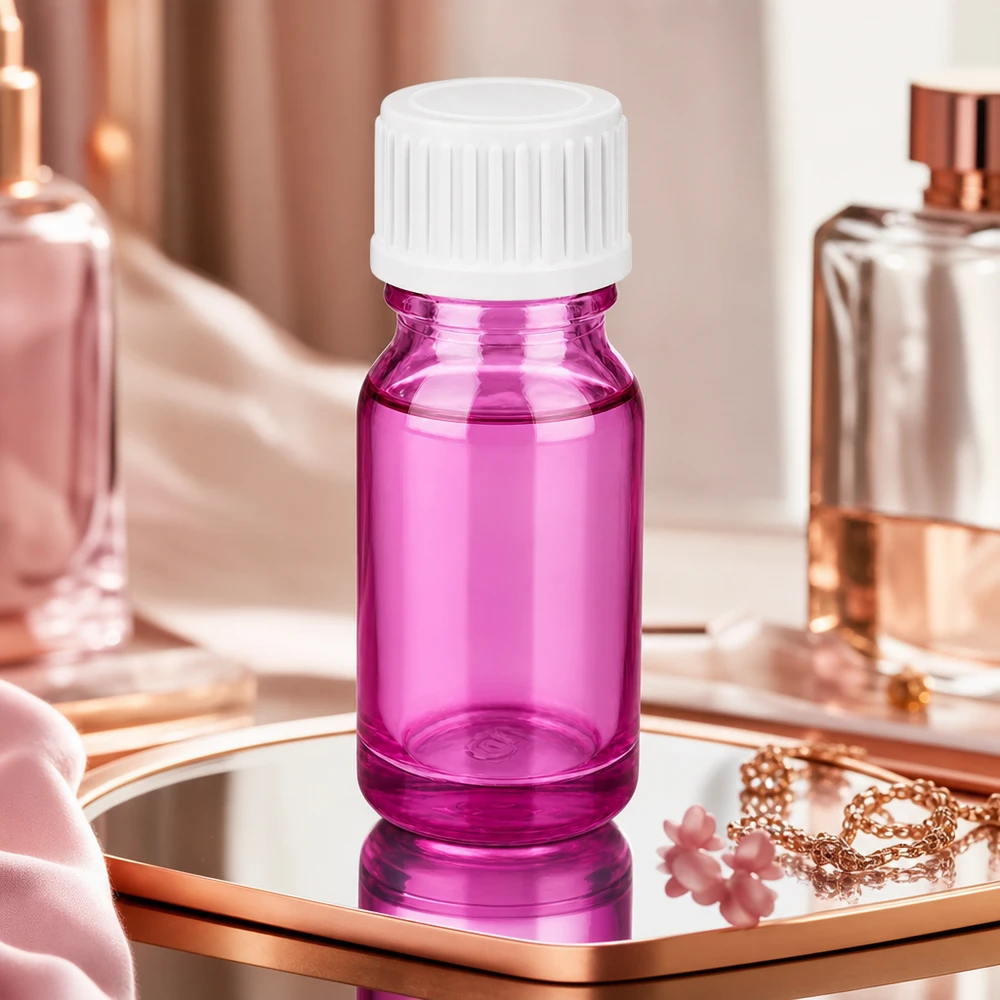 Flacon de 10ml (globules). Bague de coulée 3mm blanc standard PurpleLine. UT18/10 Elégant flacon en verre design 10ml fuchsia pour produits de beauté et de bien-être exclusifs