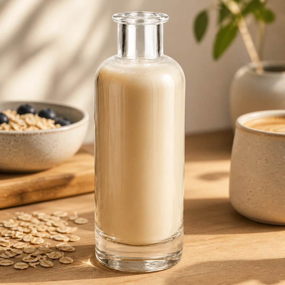 Bouteille en verre 200 ml « Ella » sans bouchon UNiTWIST® Bouteille en verre de 200 ml Ella remplie de lait d'avoine sur une table en bois à côté de flocons d'avoine montre l'utilisation de lait végétal
