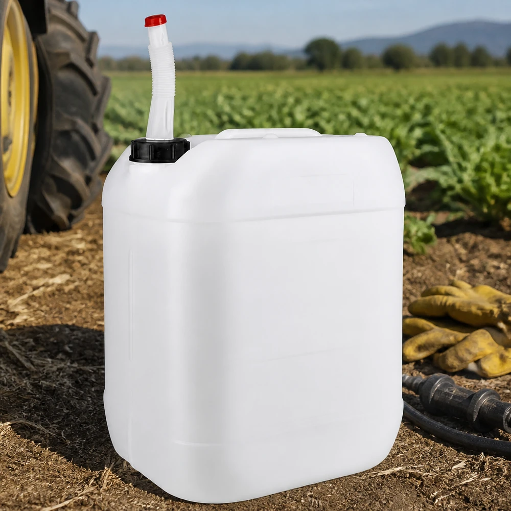 Bidon 20 litres avec tuyau d'écoulement Flex Bidon agricole robuste de 20 L avec bec verseur flexible pour engrais et produits phytosanitaires