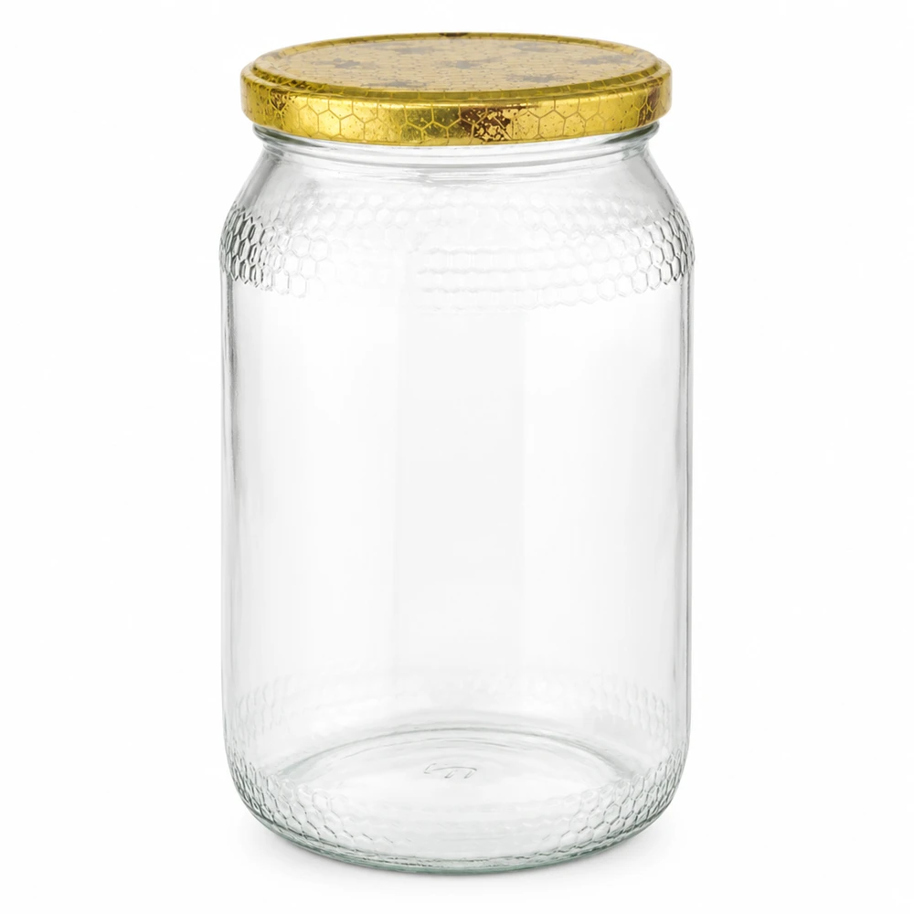 Pot à miel 900ml avec couvercle doré BasicSeal motif nid d'abeille vide Matériel d'apiculture Conditionnement du miel