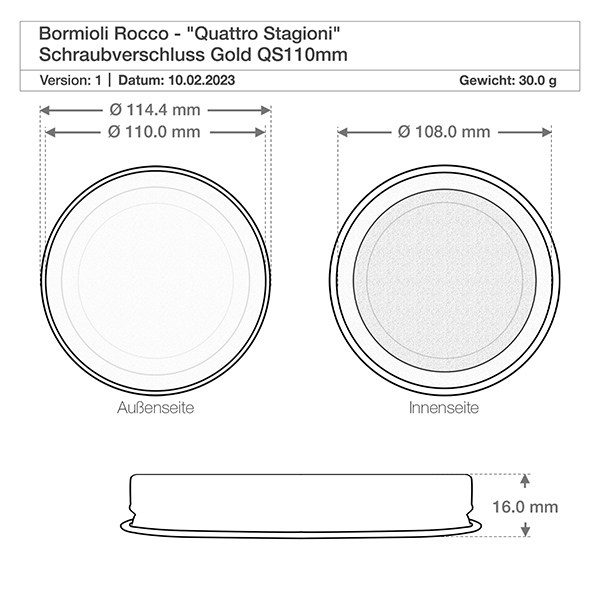 Bouchon à vis "Quattro Stagioni" or QS110mm Dessin technique du couvercle à vis Quattro Stagioni avec dimensions 114,4mm de diamètre et 16mm de hauteur