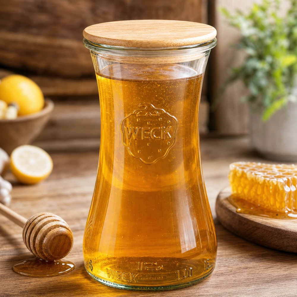 WECK Pot 100ml RR40 rempli de miel, couvercle en bambou, cuillère à miel et nid d'abeille sur table en bois dans la cuisine