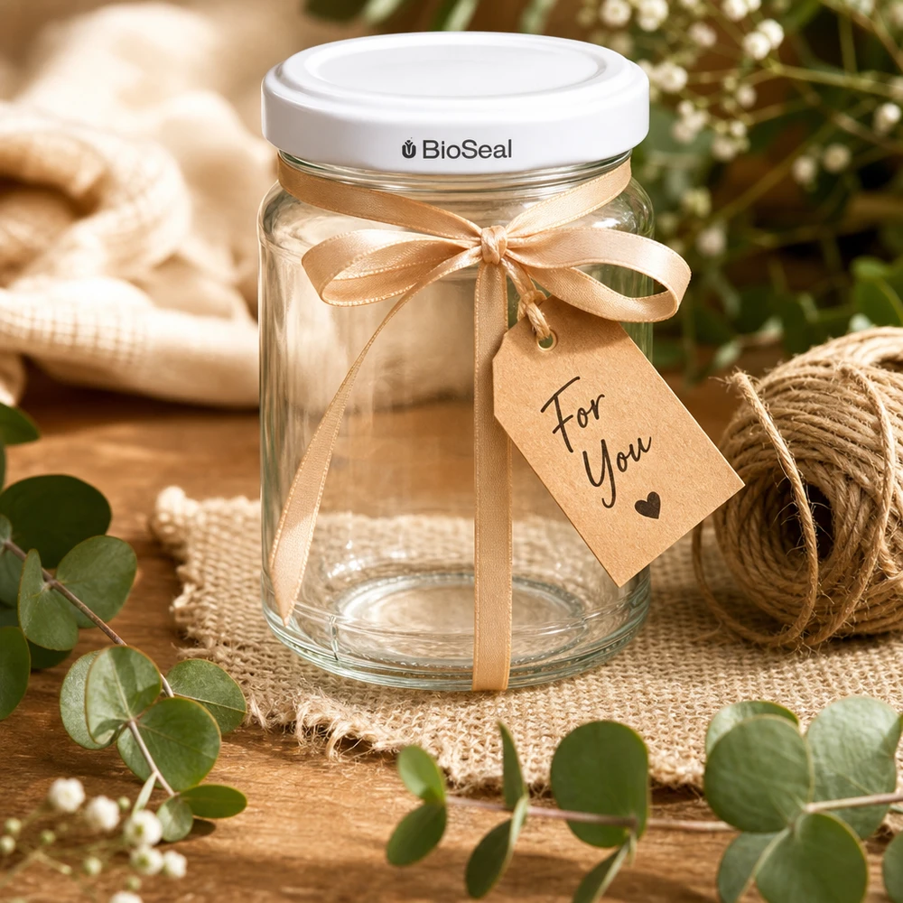 UNiTWIST Runda205 Boîte en verre avec couvercle TO58 BioSeal décorée comme cadeau avec un ruban et une étiquette cadeau