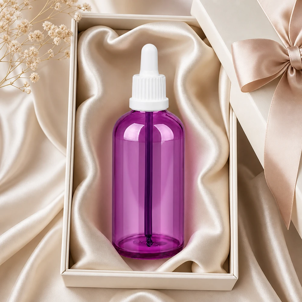 Flacon pipette 100ml blanc originalité bouchon à vis PurpleLine UT18/100 Bouteille en verre de 100ml avec bouchon OV blanc dans une optique pourpre attractive pour les produits de beauté