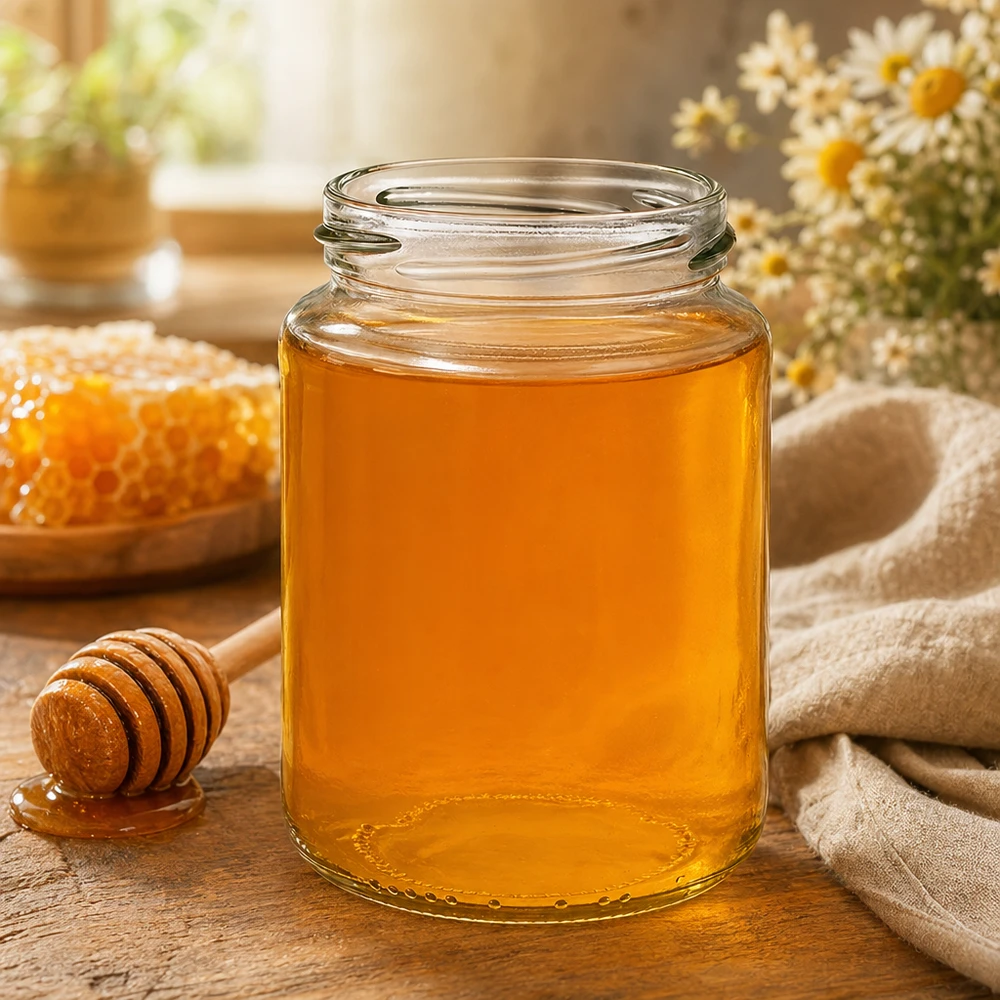 UNiTWIST Runda382 Verre rond 382ml TO66 rempli de miel à côté d'un rayon de miel et d'une cuillère en bois sur une table en bois rustique
