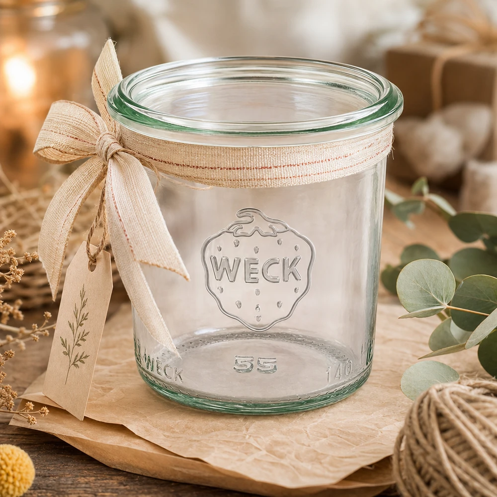 140ml WECK Pot renversé RR60 avec ruban sur planche en bois, pot vide pour confiture et conserves