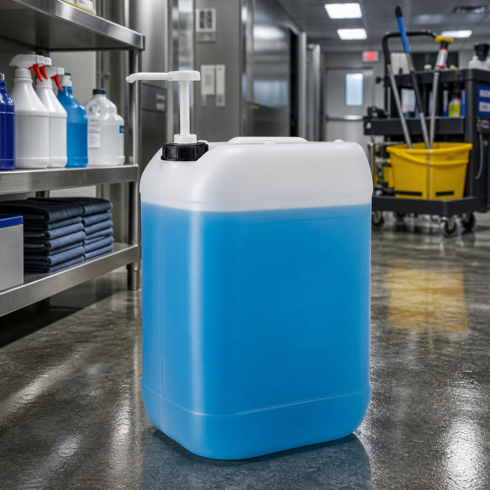 Bidon de 25 litres de produit nettoyant avec pompe doseuse, dans la cave du concierge