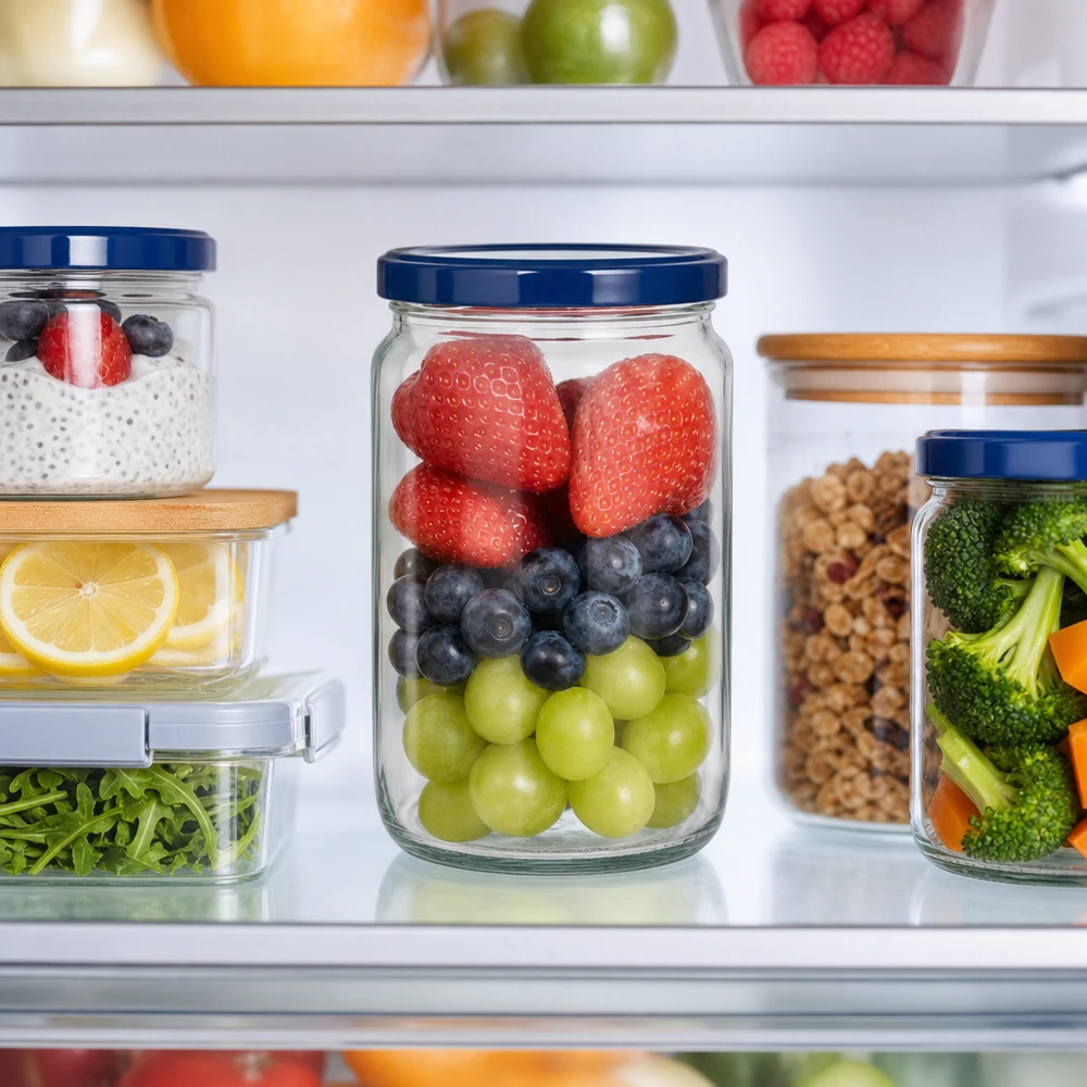 795ml Verre rond avec couvercle BasicSeal bleu UNiTWIST 795ml Rundglas mit blauem UNiTWIST Deckel zur Frischhaltung von Beeren und Obst im Kühlschrank organisiert
