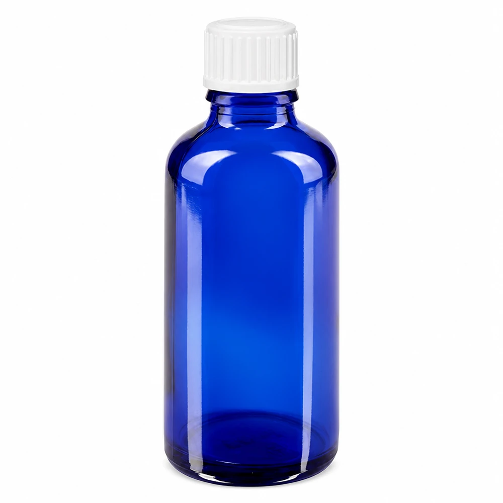 Flacon compte-gouttes bleu de 50 ml en verre de pharmacie de haute qualité, muni d'un bouchon à vis blanc à l'épreuve des enfants
