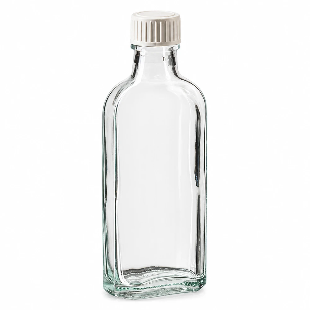 Flacon rectangulaire plat en verre transparent de 100 ml avec un bouchon blanc à sécurité enfants