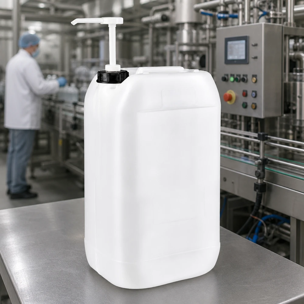 Bidon industriel de 15 litres équipé d'une pompe doseuse dans une entreprise agroalimentaire dotée d'une installation de conditionnement