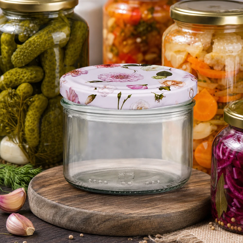 Pot cylindrique de 230ml avec couvercle à fleur rose entre les bocaux - Pots de conservation pour la fermentation et les provisions