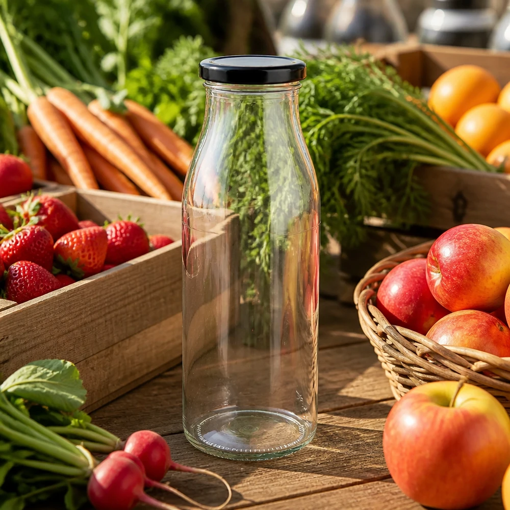 500ml Bouteille avec couvercle BasicSeal noir UNiTWIST Bouteille en verre de 500 ml avec couvercle noir parmi des fruits et légumes frais sur une table en bois Scène de cuisine