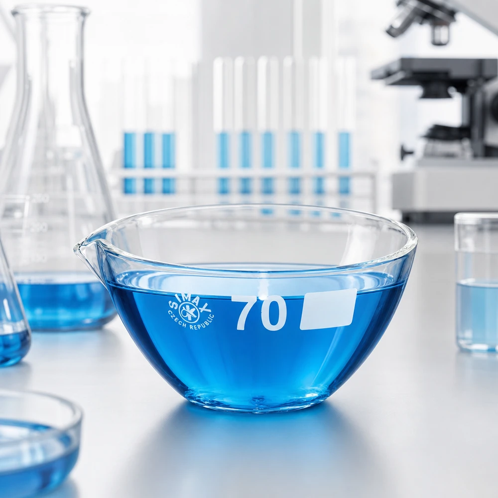 Capsule d’évaporation 60 ml en verre borosilicate, avec bec verseur Bol d'évaporation compact de 60 ml avec bec verseur en verre borosilicaté résistant aux acides pour un travail de laboratoire en toute sécurité