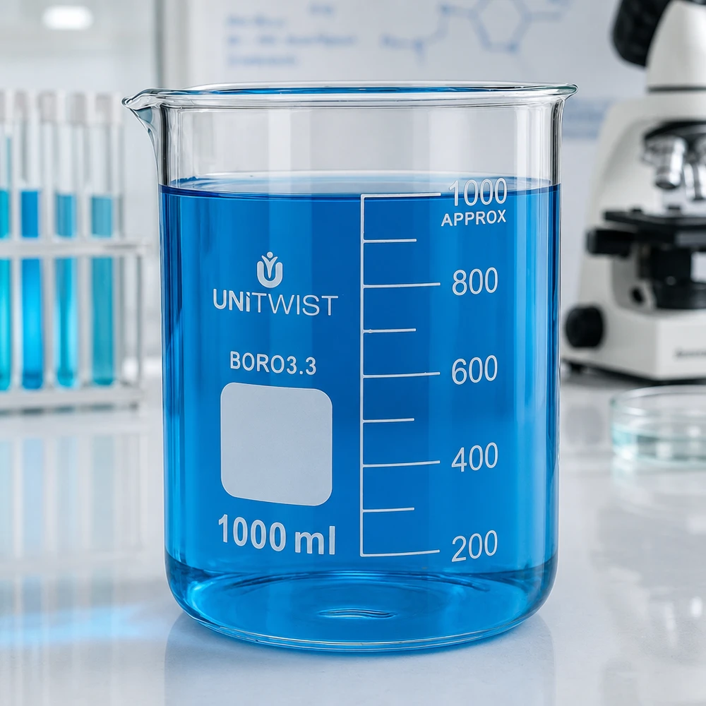 Bécher de chimie 1 000 ml en borosilicate, résistant à la chaleur, avec zone d'étiquetage blanche UNiTWIST