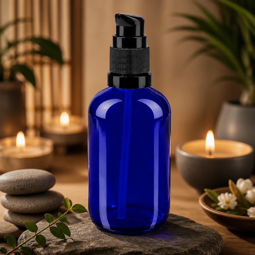 Flacon pompe de pharmacie bleu cobalt de 100 ml, posé à côté de bougies et de fleurs blanches sur une pierre naturelle