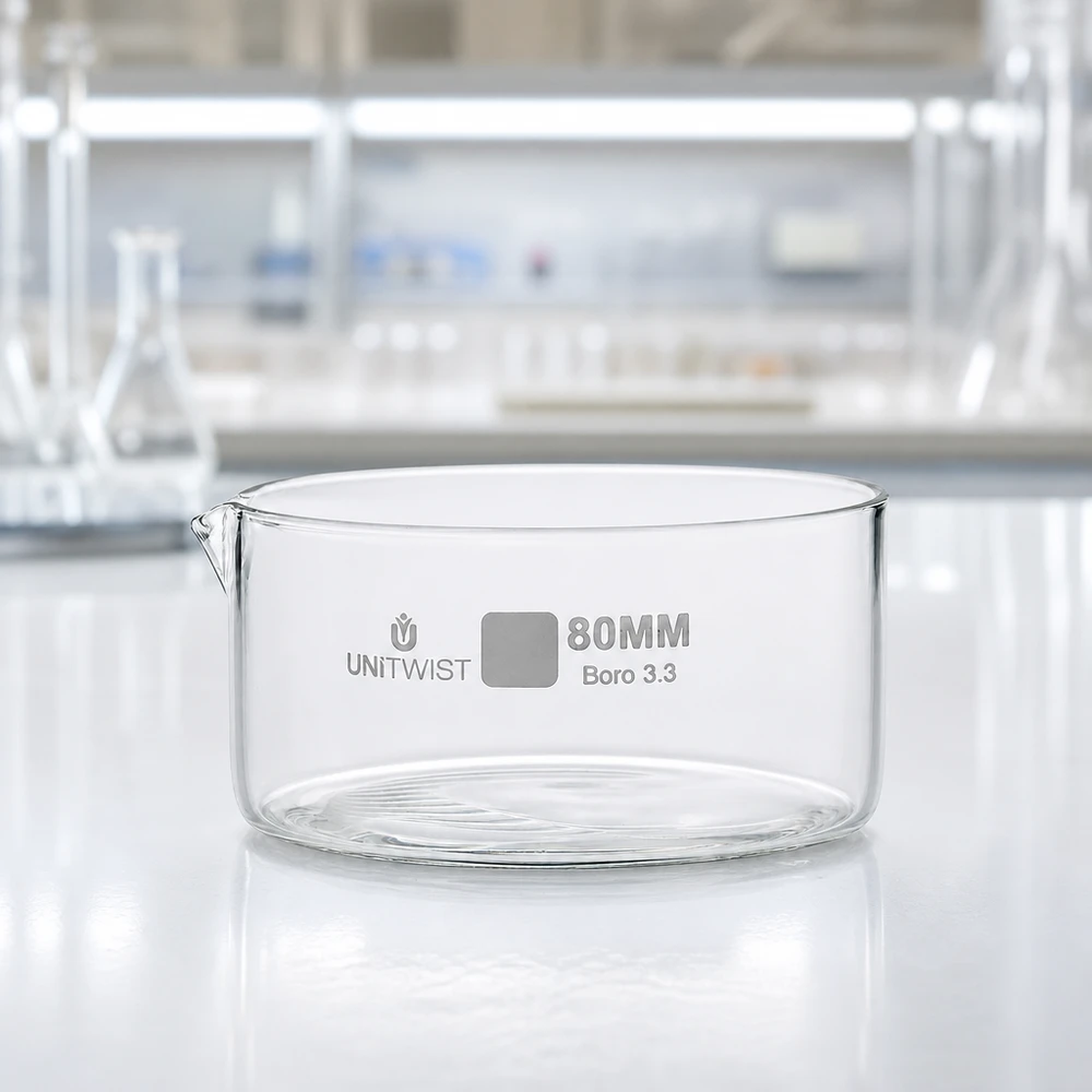 Cristallisoir ø80mm verre borosilicaté UNiTWIST Cuve de cristallisation transparente de 80 mm de diamètre avec bec verseur, de la marque UNiTWIST, destinée à un usage en laboratoire
