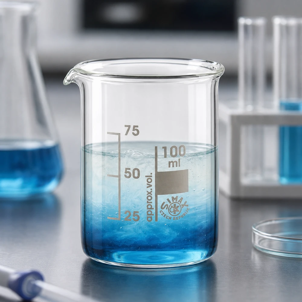 Verre borosilicaté 100ml avec solution bleue et échelle en millilitres bien visible