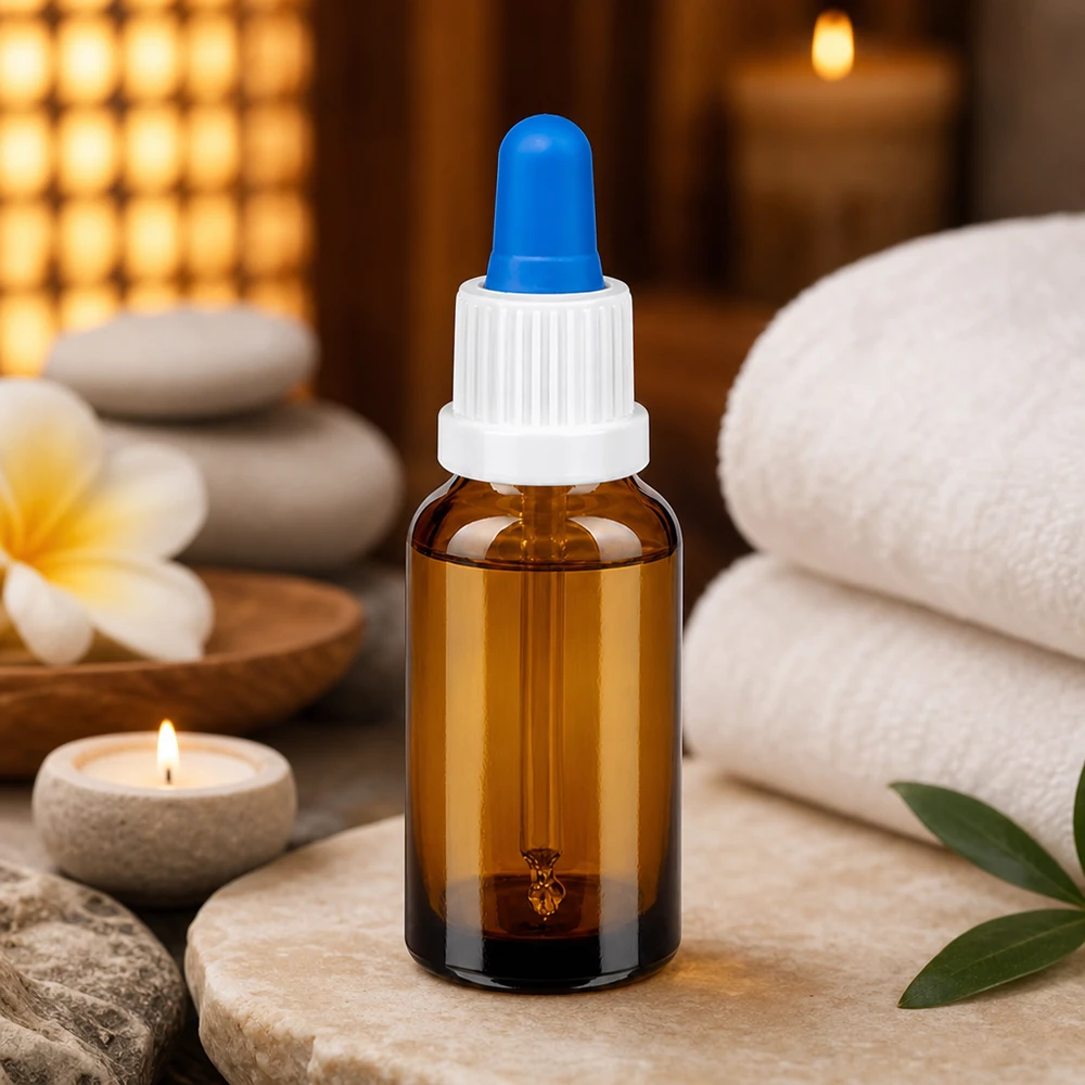 20ml flacon à pipette blanc/bleu OV BrownLine UT18/20 Bouteille à pipette élégante de 20 ml en verre brun chaud avec bouchon blanc et bleu contrastant
